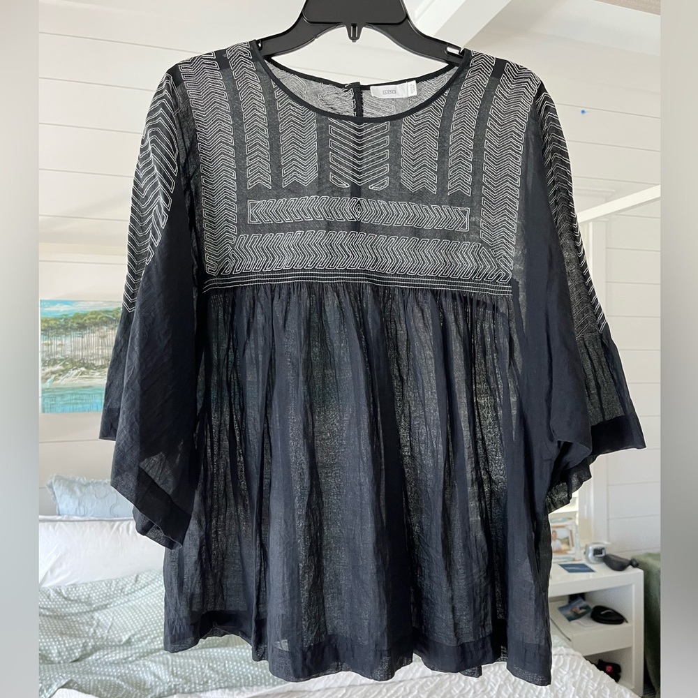 EUC CLOSED Boutique Embroidered Cotton Blouse Shirt BLACK WHITE sz L